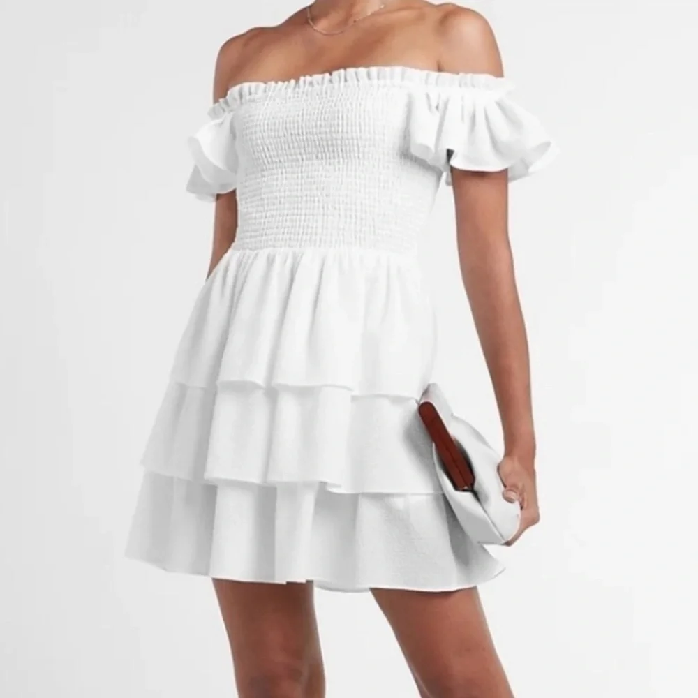EXPRESS White colored Off the Shoulder Ruffle Tiered Dress, Size L NWT - Picture 9 of 13